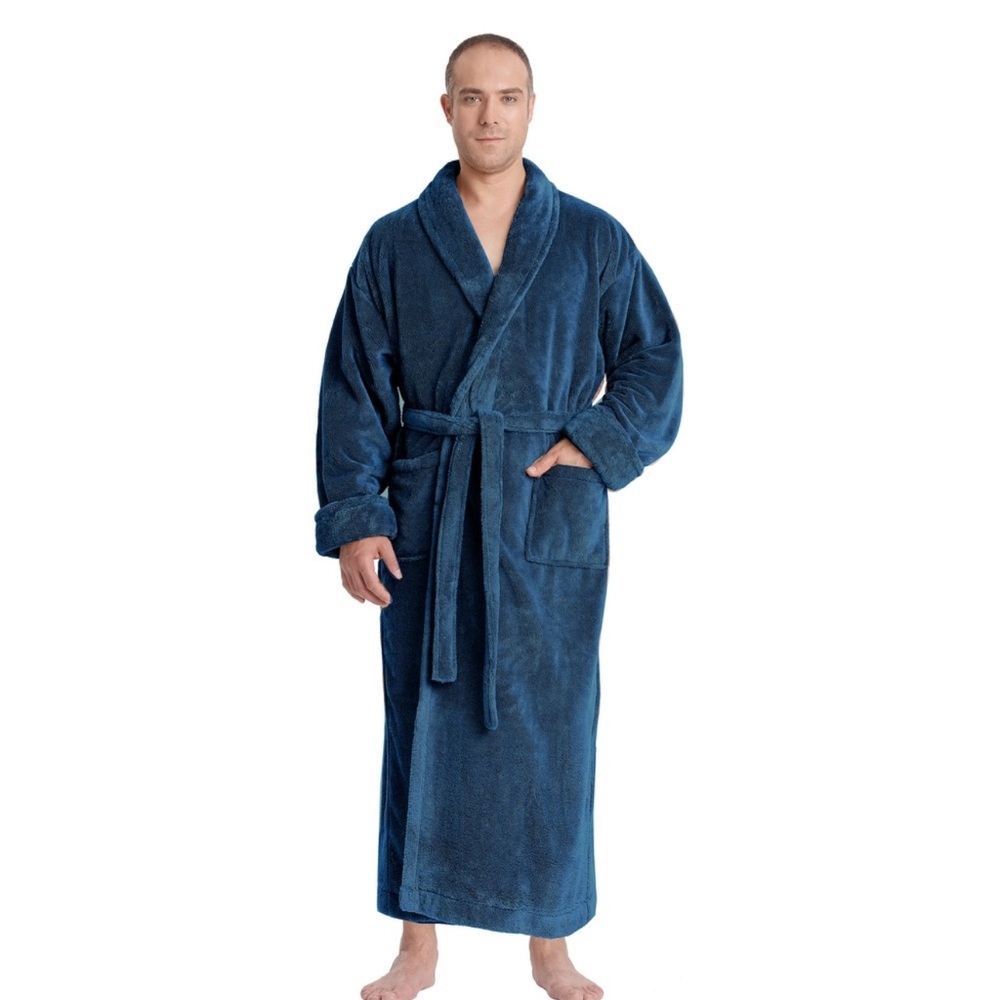 Cozy Blue Terry Cloth Bathrobe with Shawl Collar